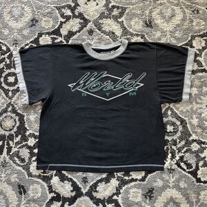 Vintage 90s World Gym Cropped Gym Work out Muscle Black T-Shirt Size Mens Medium